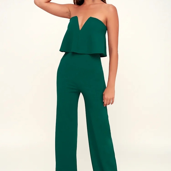 Lulus Pants - Lulu's Strapless Emerald Jumpsuit